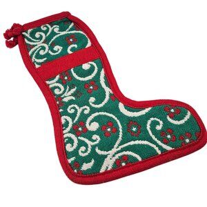 Christmas Stocking Red Green Woven Cotton Holiday Farmhouse Decor Vintage
